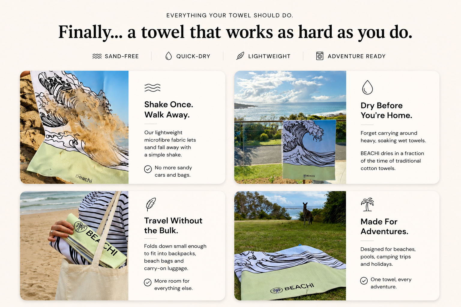 A promotional display for a quick-drying, lightweight beach towel. The top of the image features the text, "Everything your towel should do," with icons indicating sand-free, quick-dry, lightweight, and adventure-ready features. Four photos show the towel in various outdoor settings, emphasizing its sand-free, quick-drying, portable, and adventure-ready qualities.