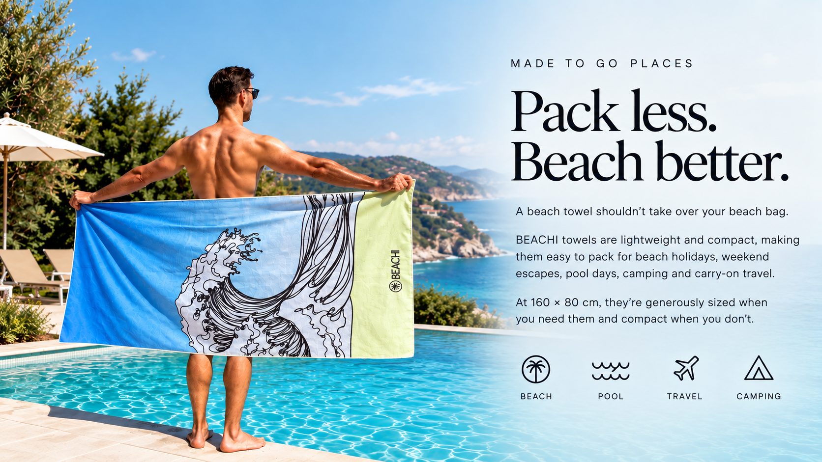 A man holding a blue and green beach towel with a wave design by a swimming pool with a scenic view of the ocean and hills in the background.