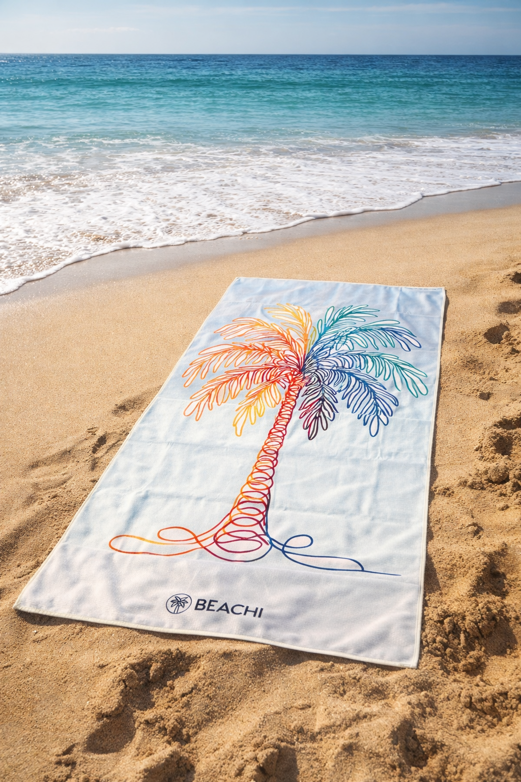 Colorful towel with a palm tree design laid on sandy beach near the water's edge with ocean waves and blue sky.