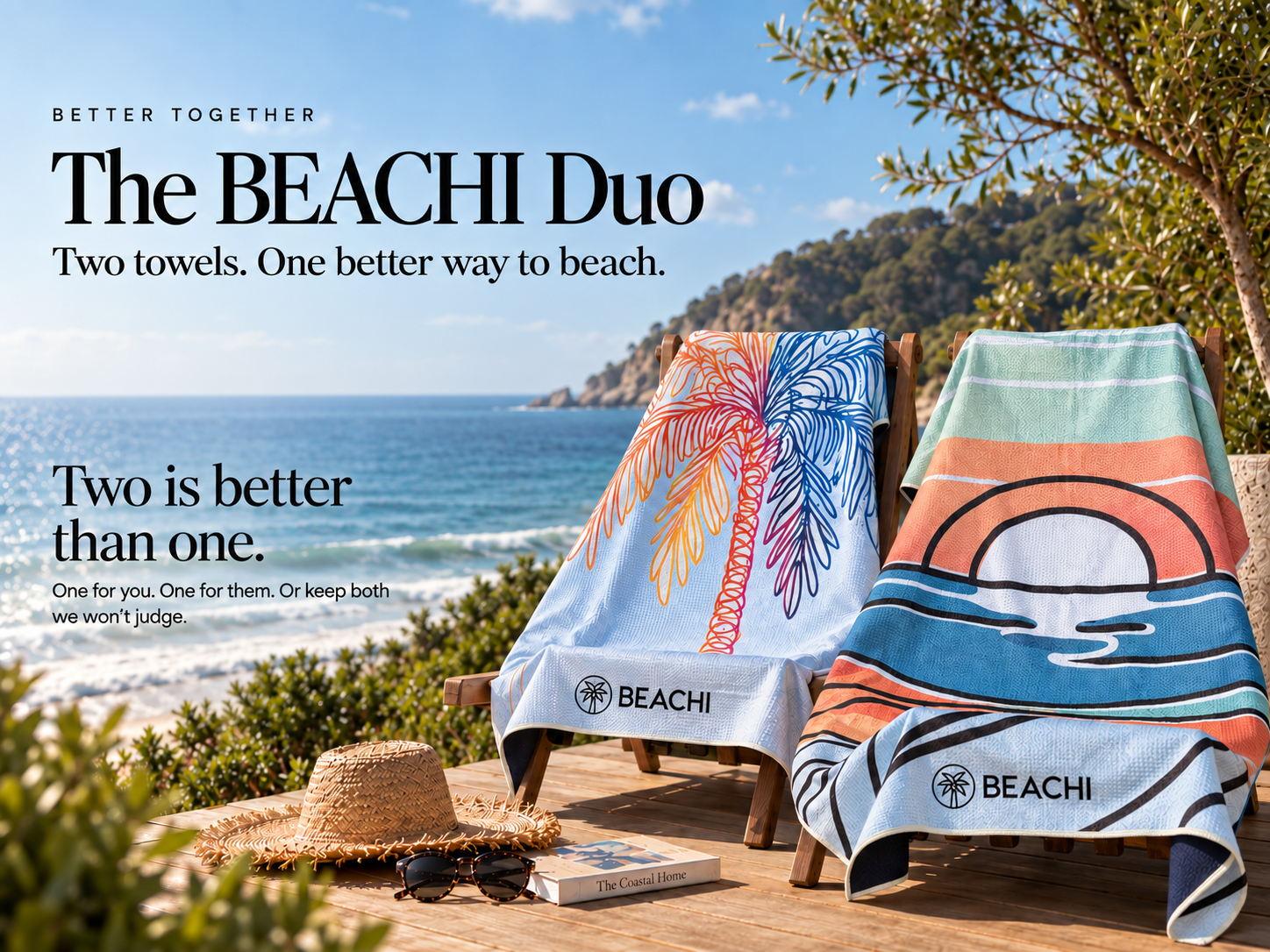 Two beach towels with colorful patterns draped over wooden chairs on a beach deck, with a straw hat, sunglasses, and a book nearby, overlooking the ocean and a hillside in the background.
