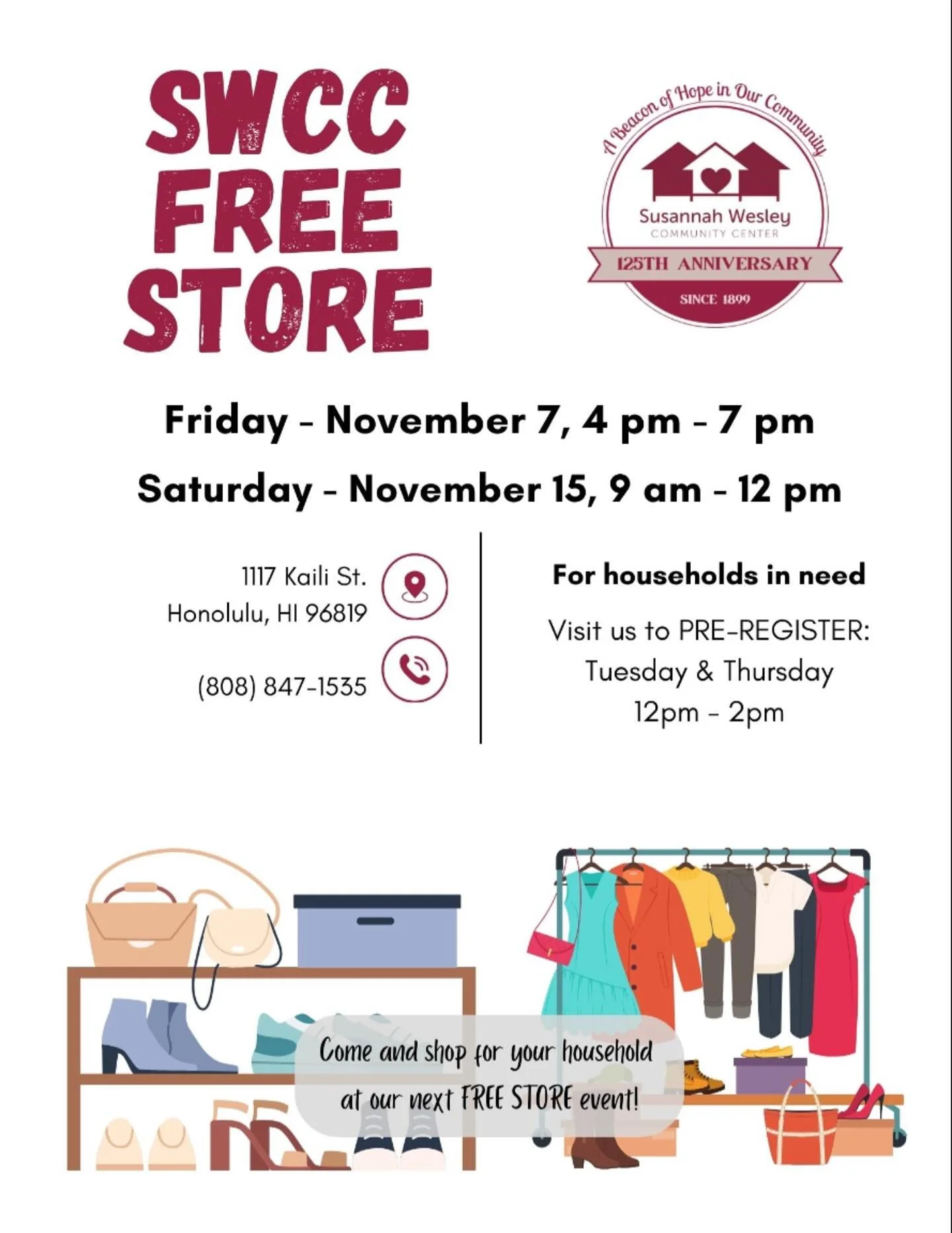 What is the SWCC Free Store?
It is a community safety net resource for people in need.

Seasons shift, but community care stays constant. 🍂🧥🧡
Find what you need at the Free Store.

🛑 Households can only shop once per month
 🛍️ Reusable bags enco