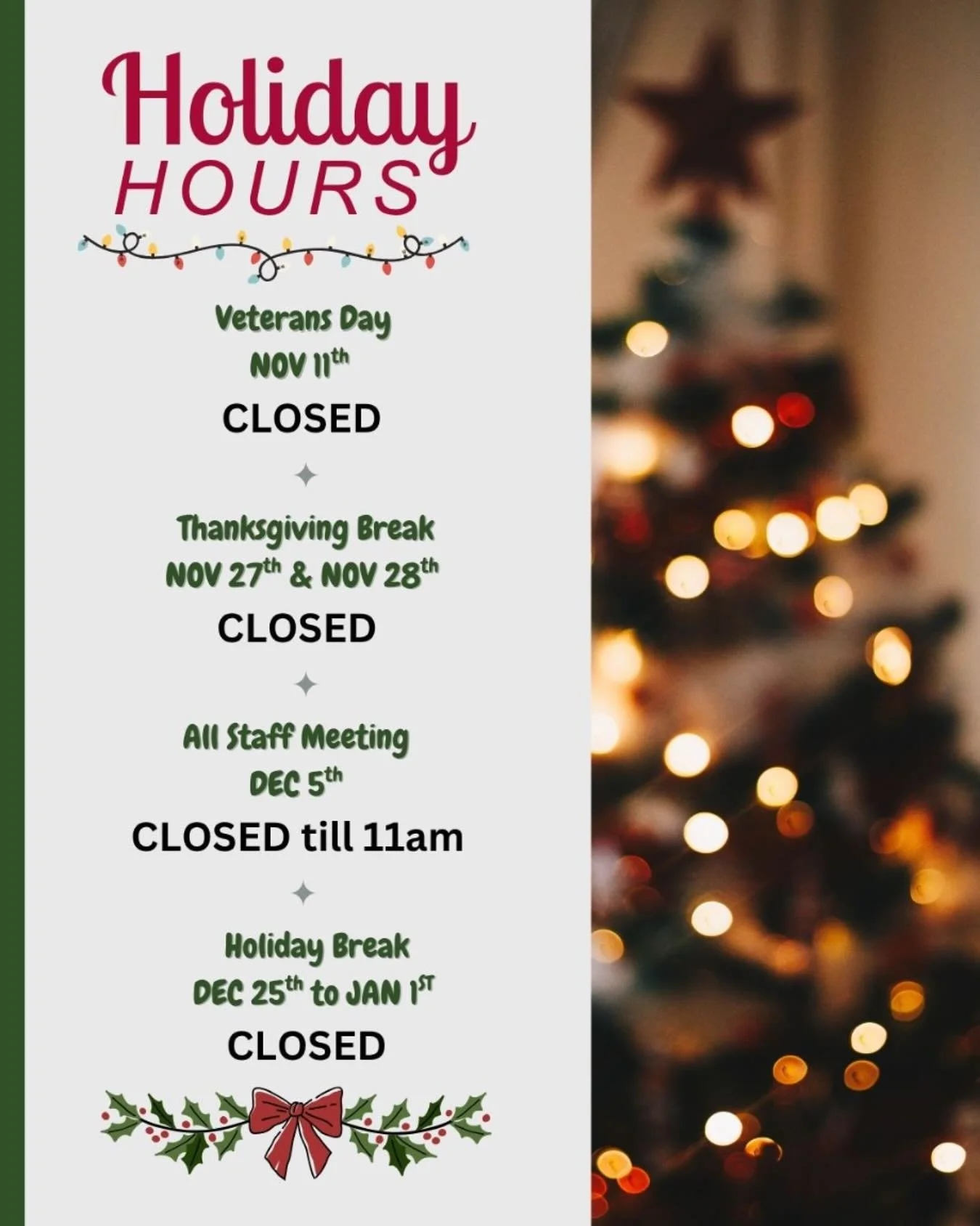 🎄 Holiday Schedule Announcement 🎄

As the holidays approach, we want to take a moment to say mahalo to our Kalihi-Palama community for allowing us to serve you throughout the year. We love what we do and it has been a blessing to be part of such a 
