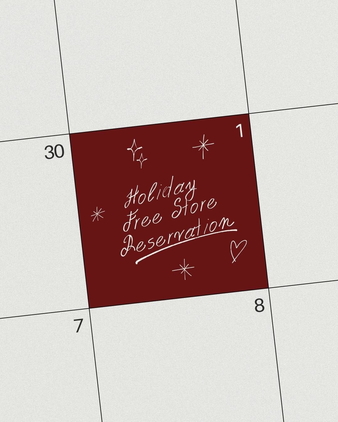 This month, we&rsquo;re bringing the holiday magic to our Free Store! ✨ 
To create the best and most joyful shopping experience, the Holiday Free Store is by RESERVATION-only. Check the details above to schedule your visit and shop something special!