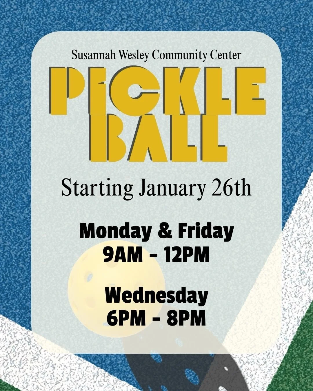 It&rsquo;s official! Pickleball is coming to our SWCC gym on January 26th&hellip; and yes, it&rsquo;s a big dill! 🥒🏓

Grab a paddle, bring a friend, and help us kick things off. Registration is now open&mdash;link in bio.

See photo for details.