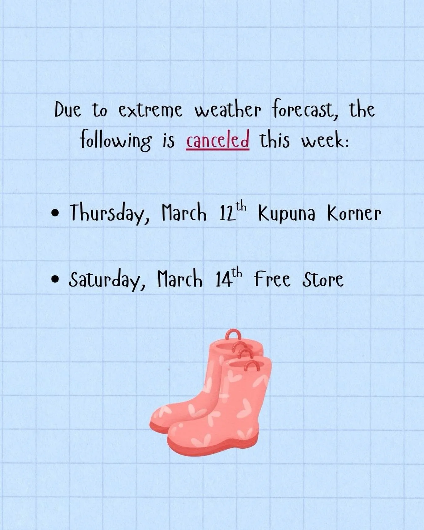 At SWCC, the safety of our community is our top priority. Due to the incoming storm, we have decided to cancel Kupuna Korner this Thursday and Free Store this Saturday. If you have an appointment scheduled for this Saturday, please expect a call from