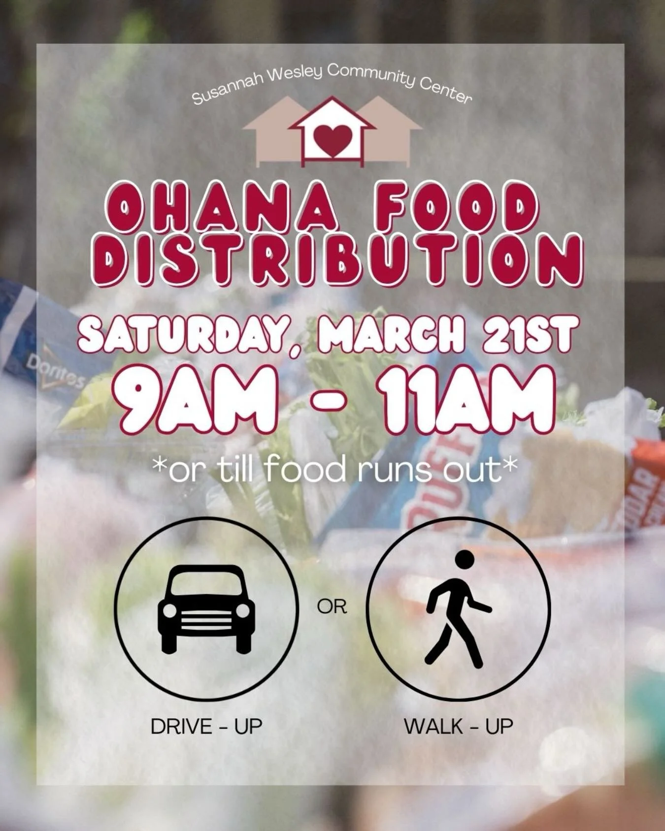 🍍 Ohana Food Distribution 🍍

Join us for our next distribution! 🛒 We recommend bringing reusable bags or a cart if you&rsquo;re walking up.
🕘 Time: 9:00 AM &ndash; 11:00 AM (or until food runs out)
📍 What to bring: Your Hawaii Foodbank card for 
