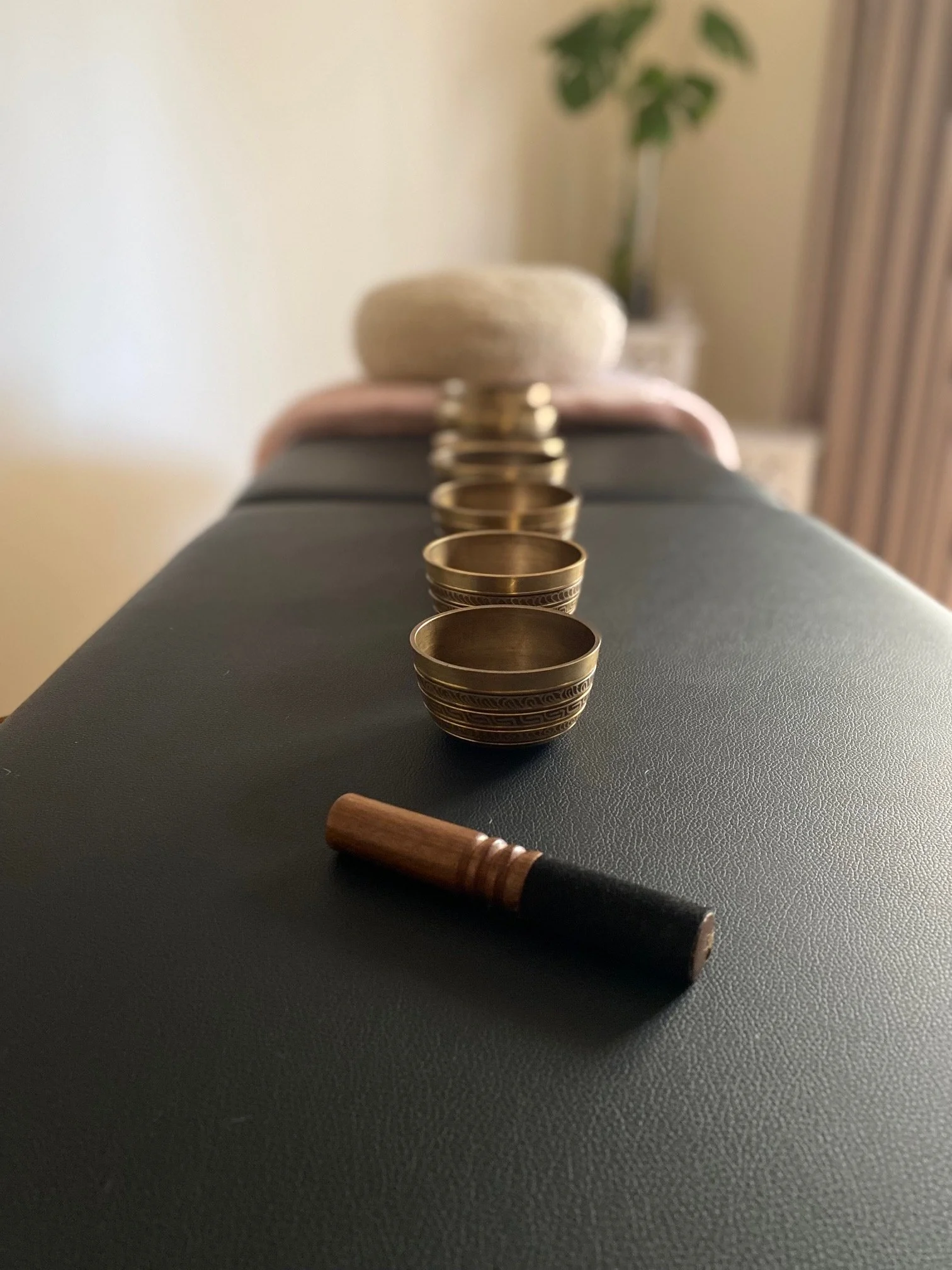 Close-up of several gold rings arranged in a line on a black surface, with a blurred background including a potted plant and curtains, and a wooden-handled object at the bottom left.
