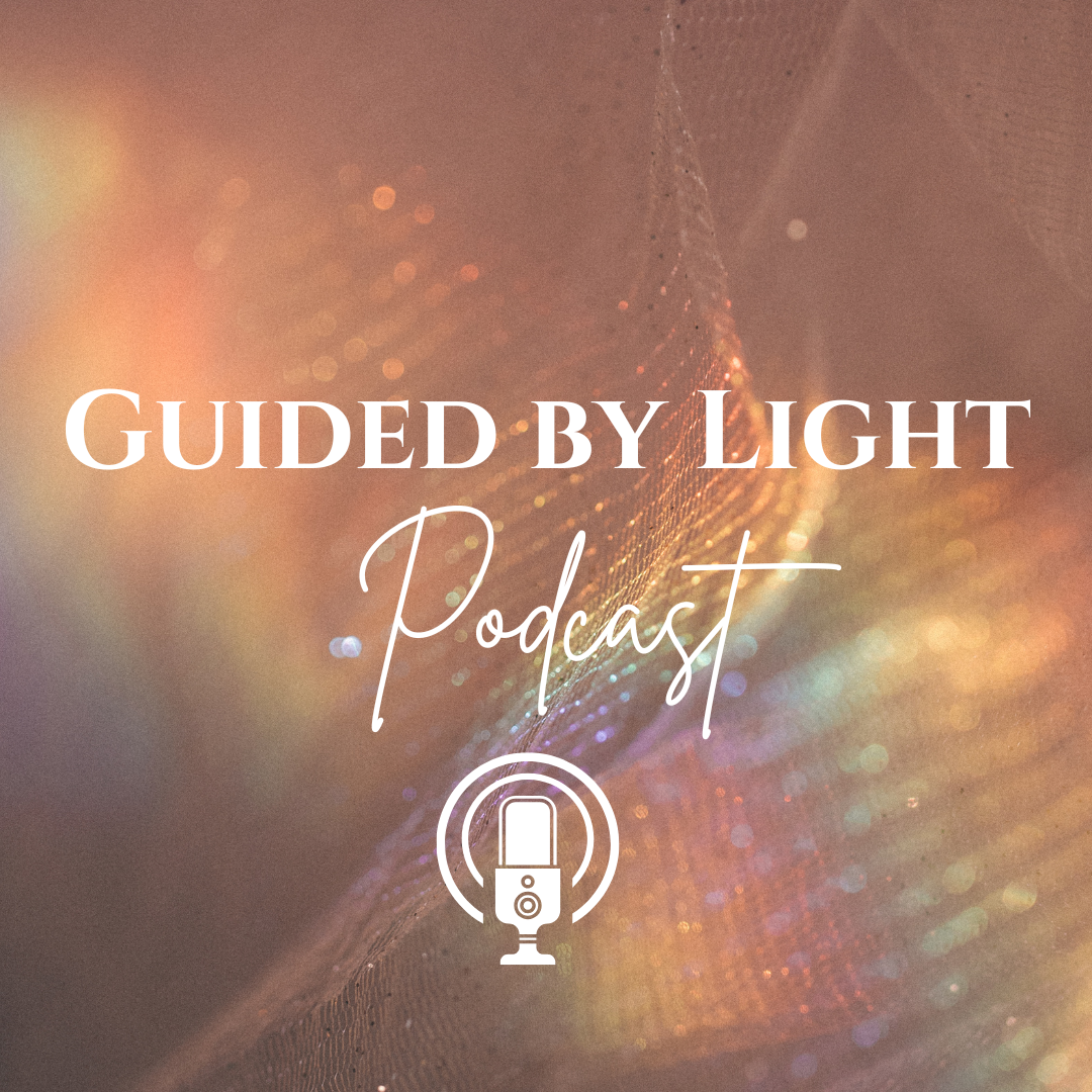 Title card for the Guided by Light Podcast with a colorful, abstract background and a podcast microphone icon.
