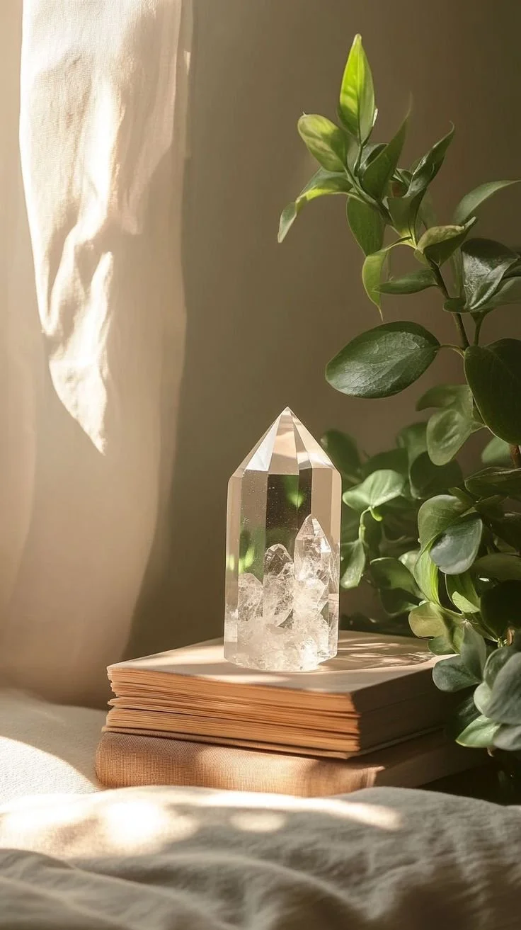 A clear crystal ornament with internal formations sitting on top of a closed book, next to green leafy plant, with sunlight casting shadows on the wall and fabric surface.