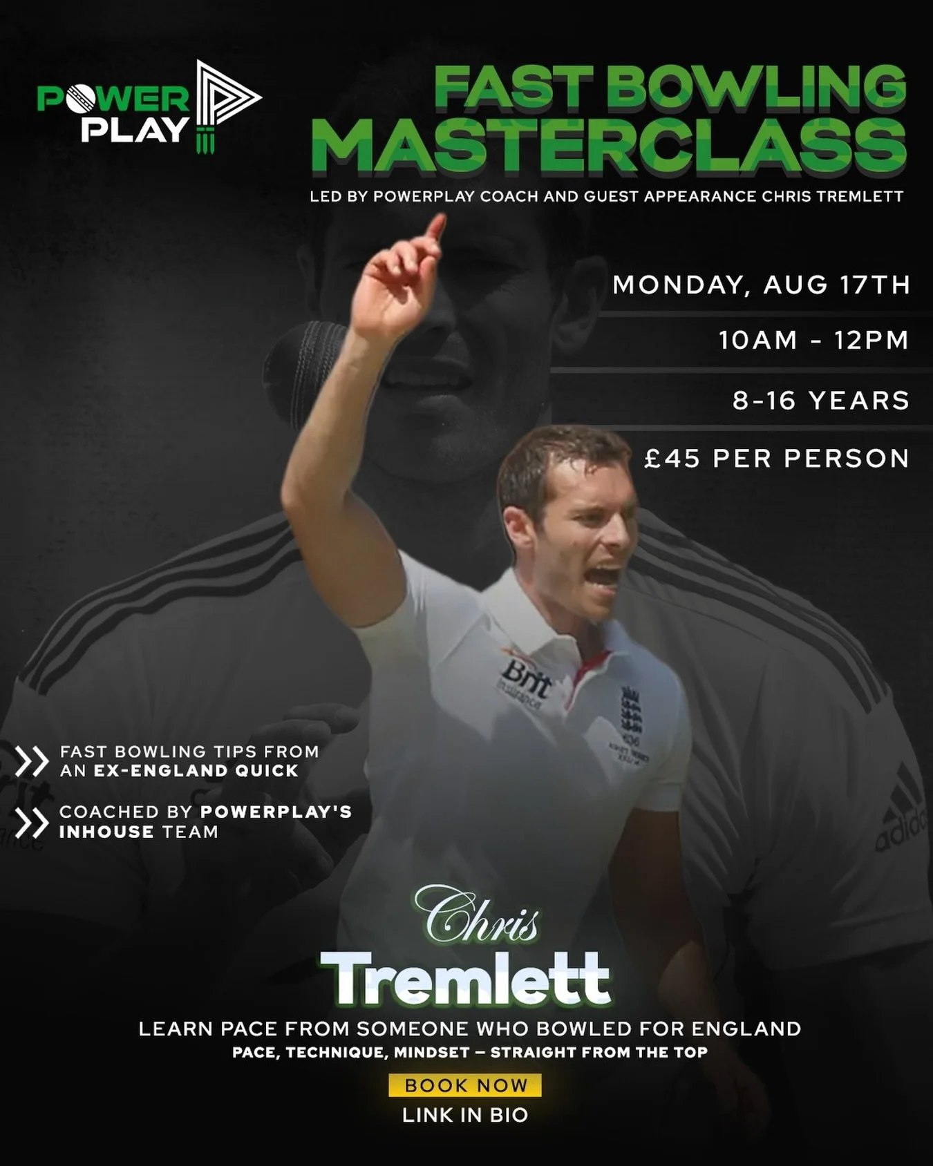 🚨 Calling all young fast bowlers! 🏏💨

Parents, if your child is aged 8&ndash;16 and loves fast bowling, this is an opportunity they won&rsquo;t want to miss.

We&rsquo;re excited to welcome Chris Tremlett as our Guest Coach for an exclusive Fast B