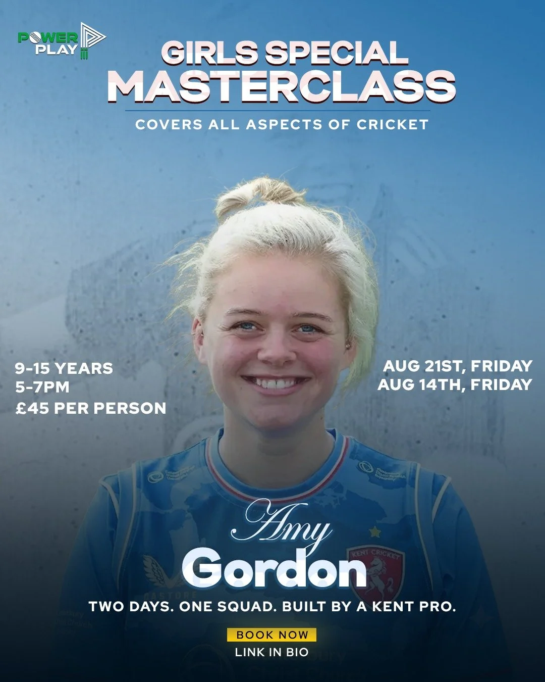 🏏 GIRLS-ONLY MASTERCLASS 🏏

What are you waiting for, mums and dads? 👀

Give your daughter the chance to learn from Amy Gordon &mdash; a Kent Women cricketer bringing real experience straight to PowerPlay.

This isn't just about batting and bowlin