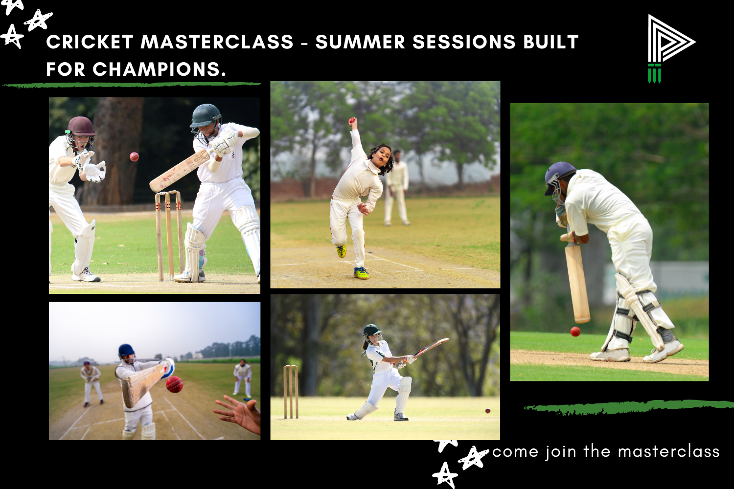 Collage of children playing cricket in a masterclass session, including batting, bowling, and fielding, with a black background and text promoting the summer sessions.