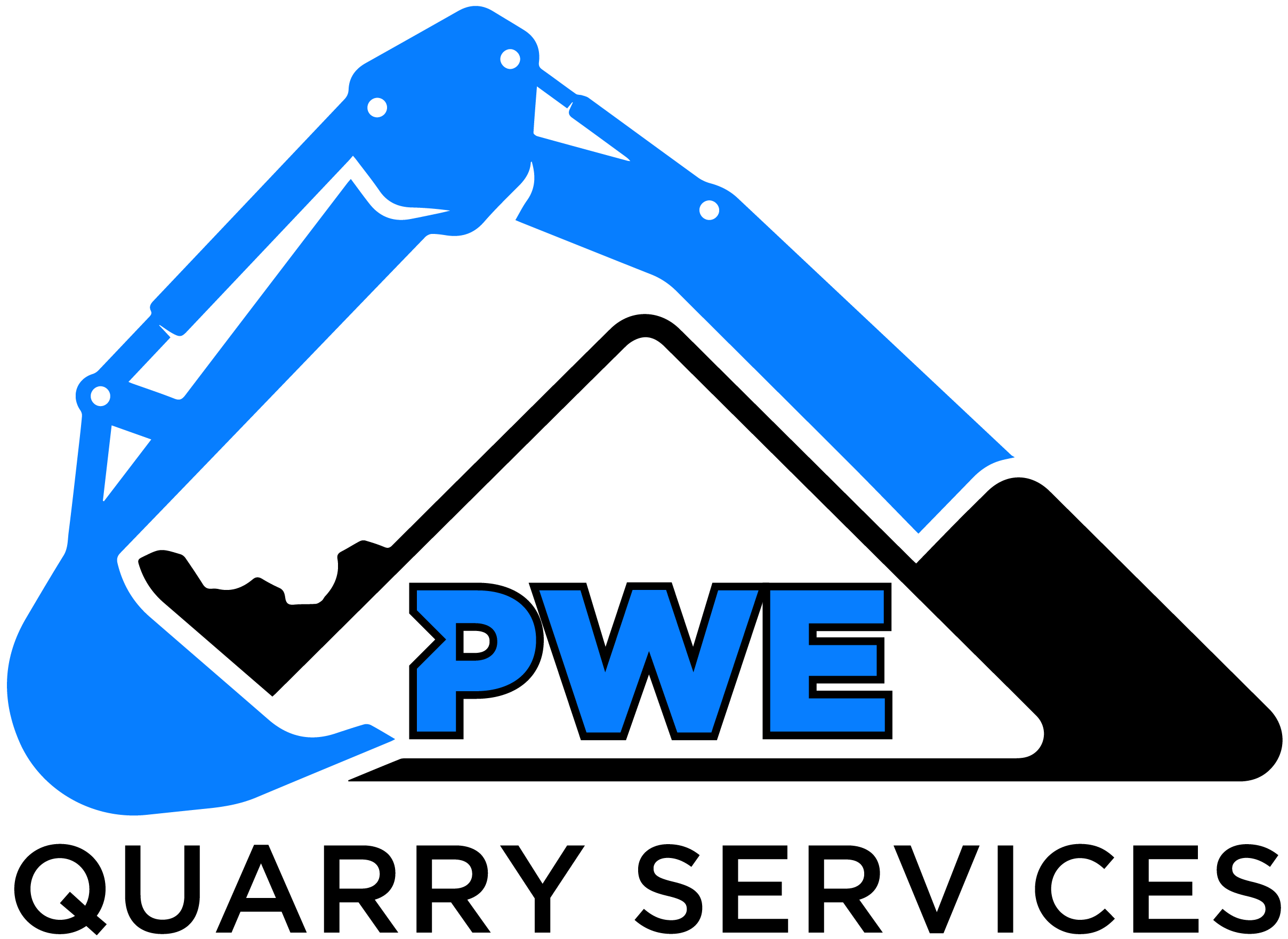 PWE Quarry Services logo, Blue excavator arm with the letters PWE below it on a black background.