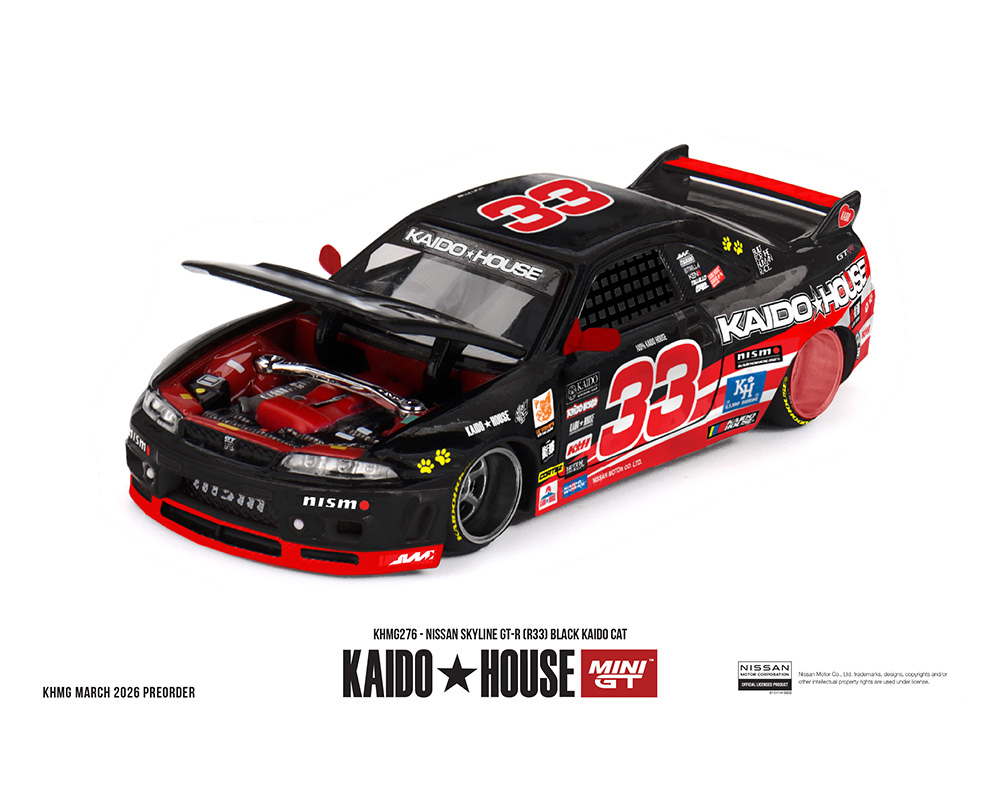 (Preorder) Kaido House x Mini GT 1:64 Nissan Skyline GT-R (R33) Black Kaido Cat – Limited Edition