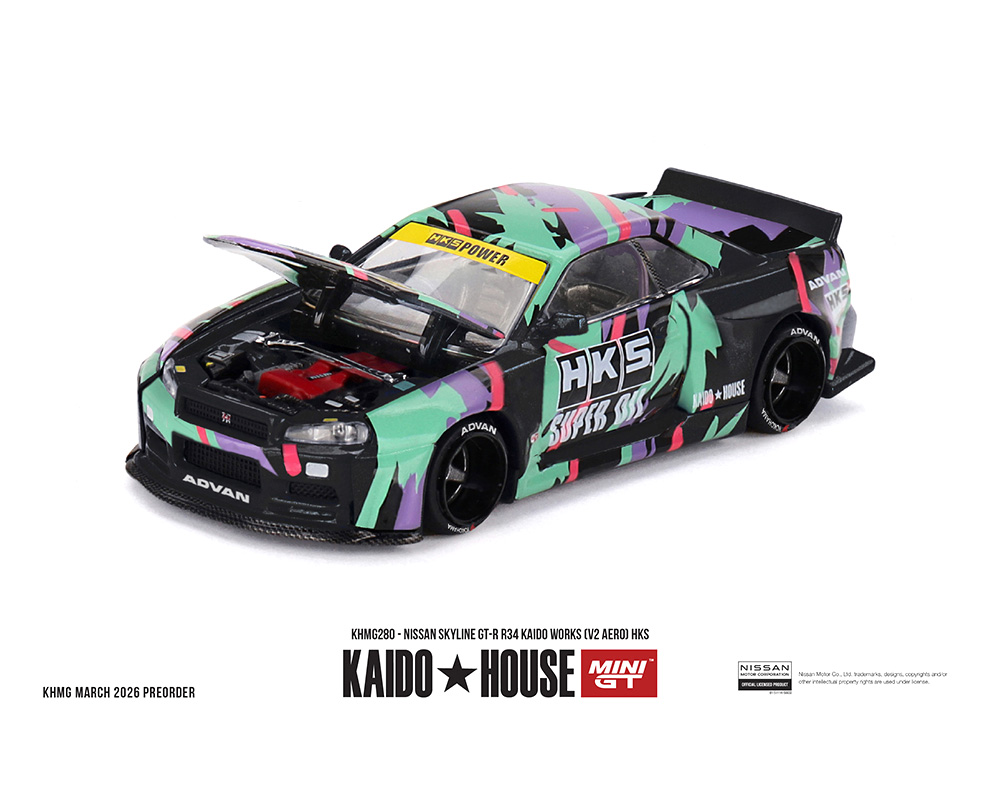 (Preorder) Kaido House x Mini GT 1:64 Nissan Skyline GT-R R34 Kaido Works (V2 Aero) HKS – Limited Edition