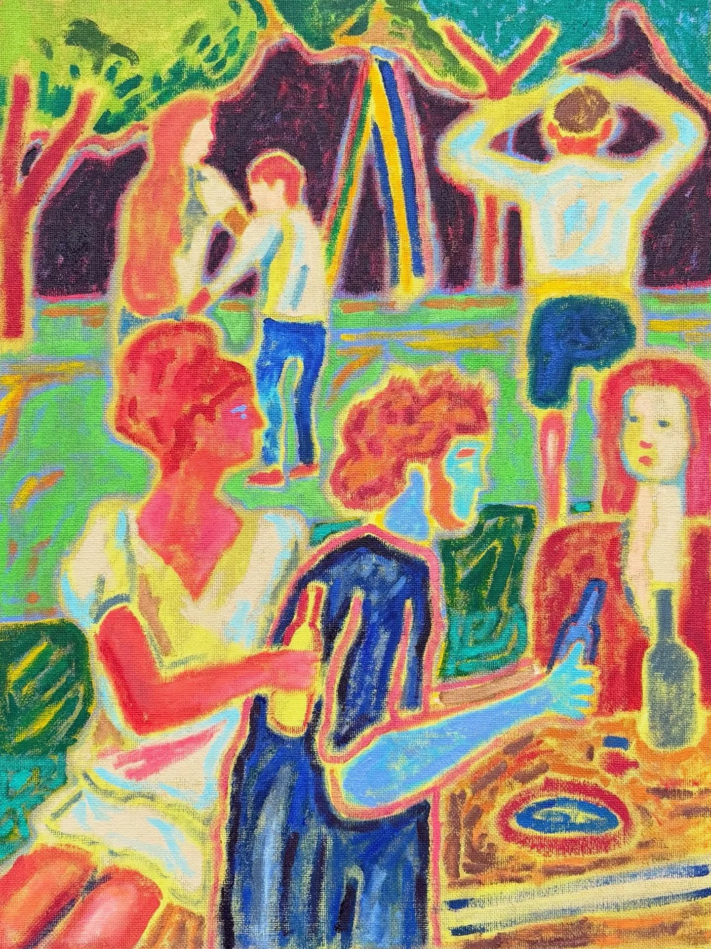 &ldquo;Hour of the owl&rdquo;
Acrylic on raw jute. 

#abstract #assemblage #contemporaryabstract #abstractartforsale #canvaspainting #acrylicpainting #studio #colour #figurativepainting2024 #artbuyer #modernism #simple #contemporarypaintingexhibition