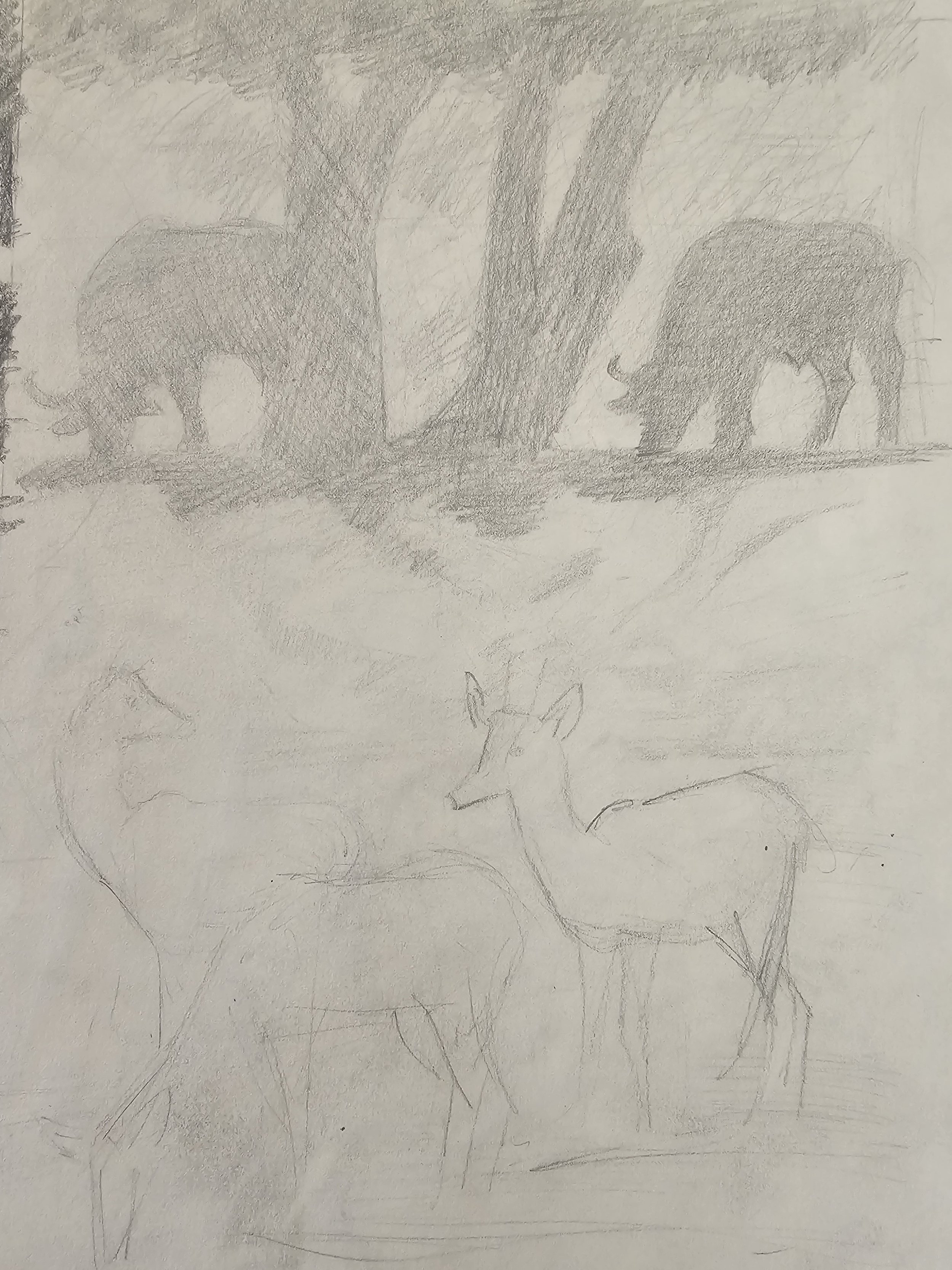 Pencil sketch of two elephants under trees and three deer-like animals in the foreground.