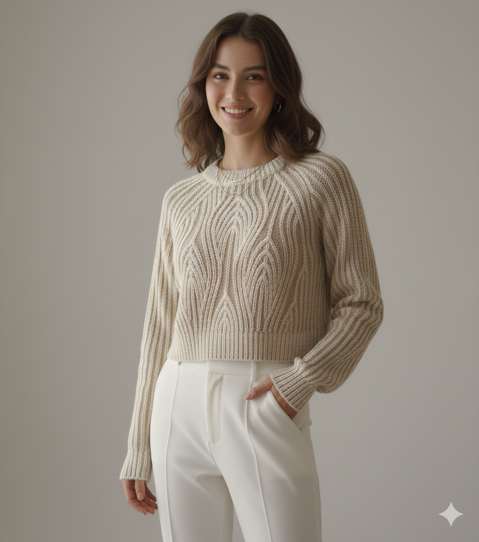 Person knitting with tan and brown yarn, wearing a brown jacket.