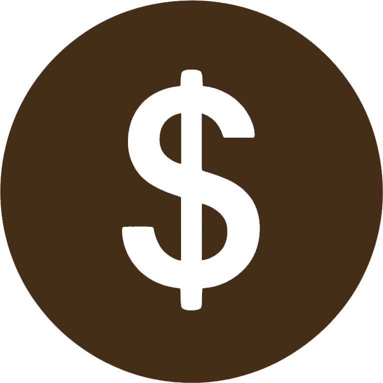White dollar sign symbol on a brown circular background.
