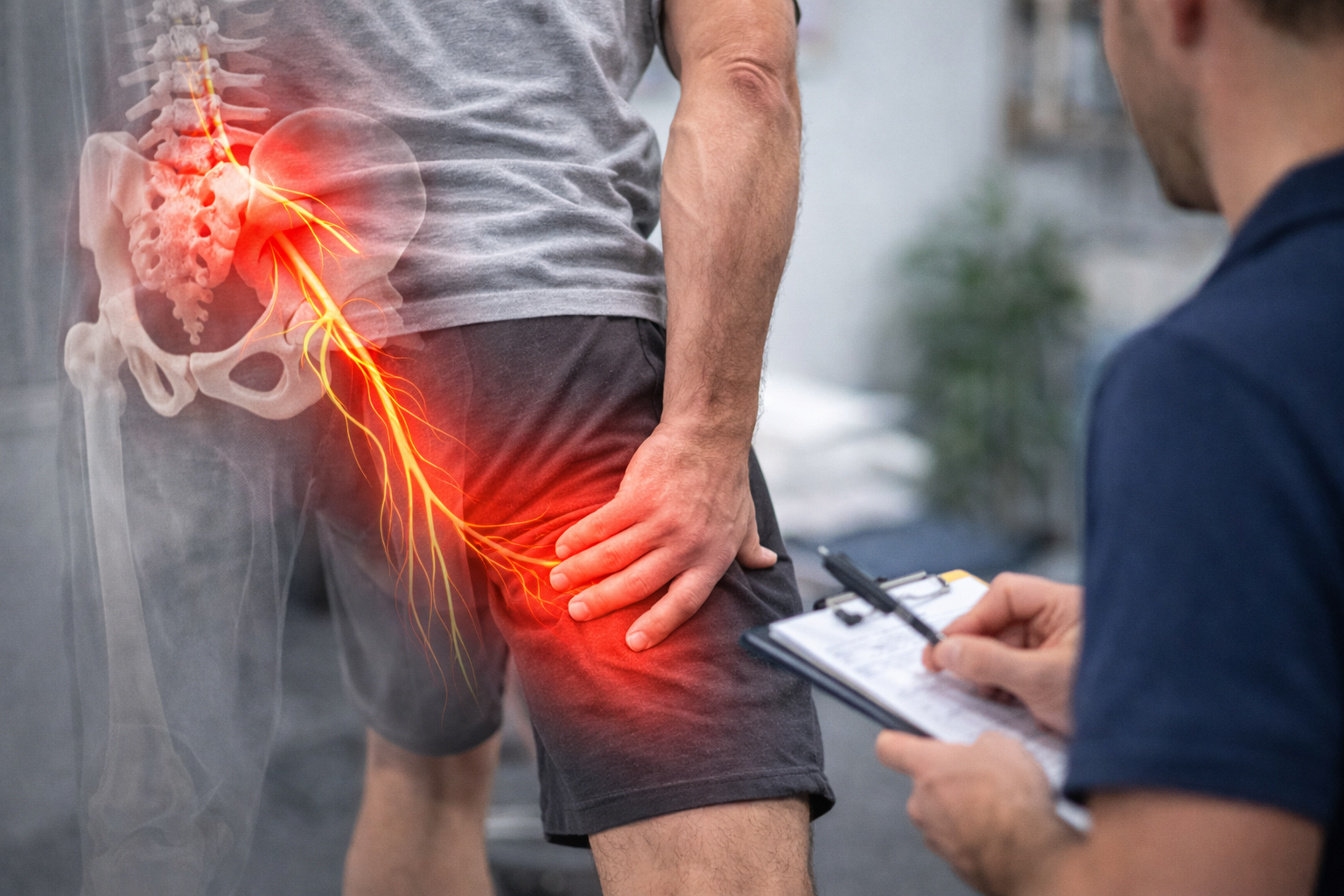 A man experiencing hip and thigh pain with an illustrated overlay showing nerve pain radiating from the lower back to the leg, while a healthcare professional takes notes.