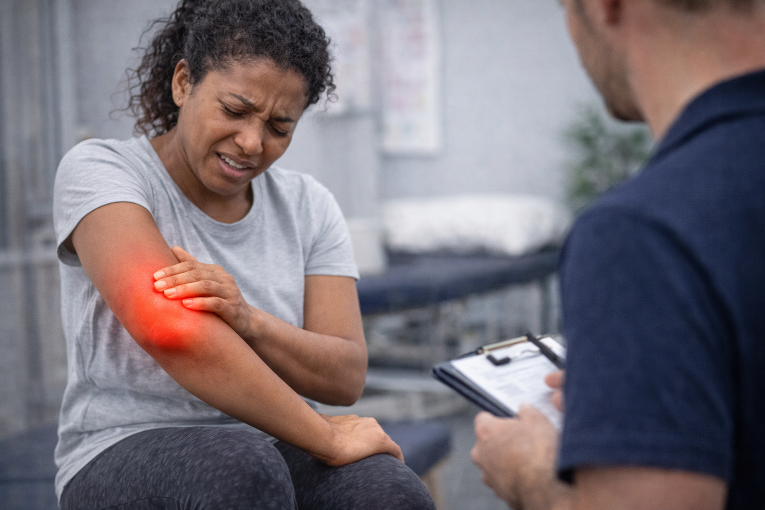 A woman sitting in a medical clinic, holding her left arm with a pained expression, showing a red area indicating pain or injury, while a healthcare professional takes notes on a clipboard.