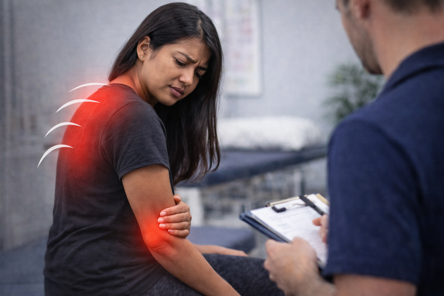 A woman showing signs of arm pain, holding her arm with a distressed expression, at a medical clinic with a healthcare professional taking notes.