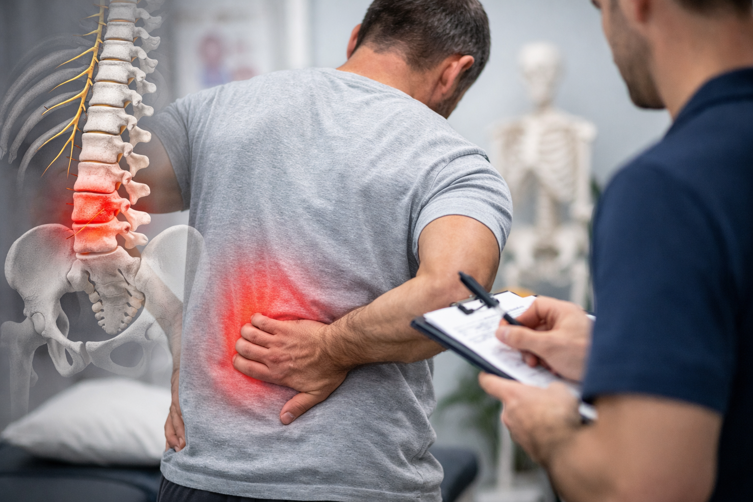 Man experiencing lower back pain at a doctor's office, with an illustrated overlay of a spinal cord and pelvis highlighting the lumbar region and lower back pain.