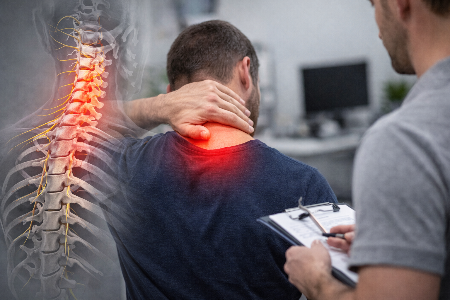 A person with neck pain being examined by a healthcare professional, with an overlay of a spinal cord diagram highlighting the cervical spine area.