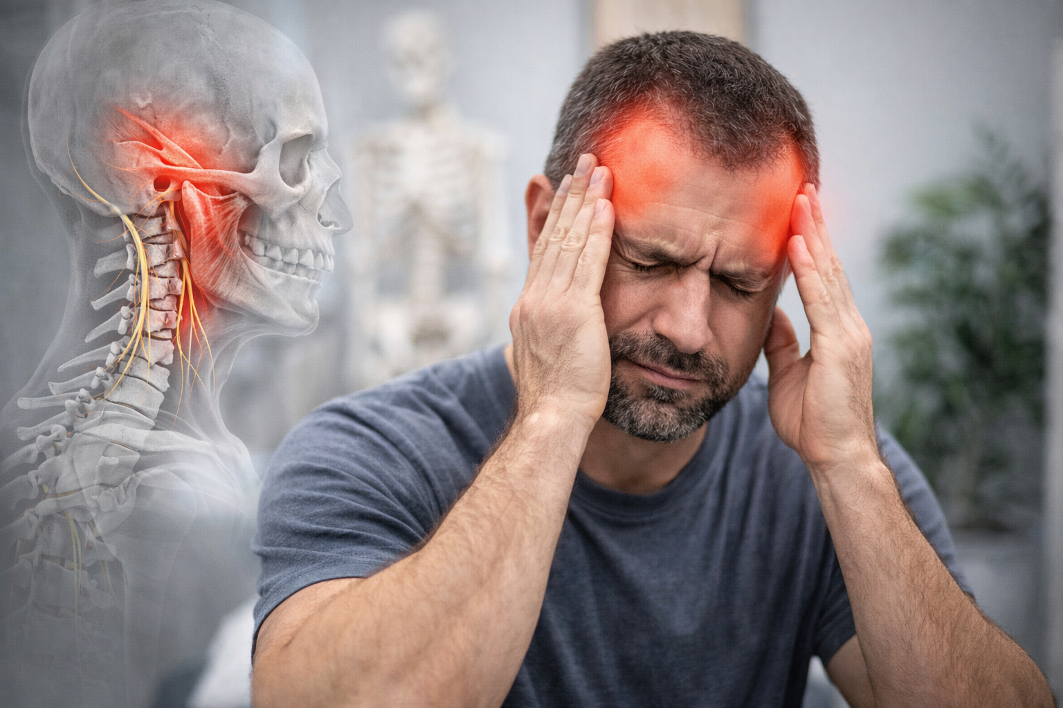 A man holding his head with both hands, eyes closed, appearing to experience a headache or stress, with a red glow on his forehead. Superimposed on the left side is a semi-transparent medical illustration of a human skull and neck showing detailed anatomy of the skull, cervical spine, and nerves, with a red area indicating pain or inflammation.