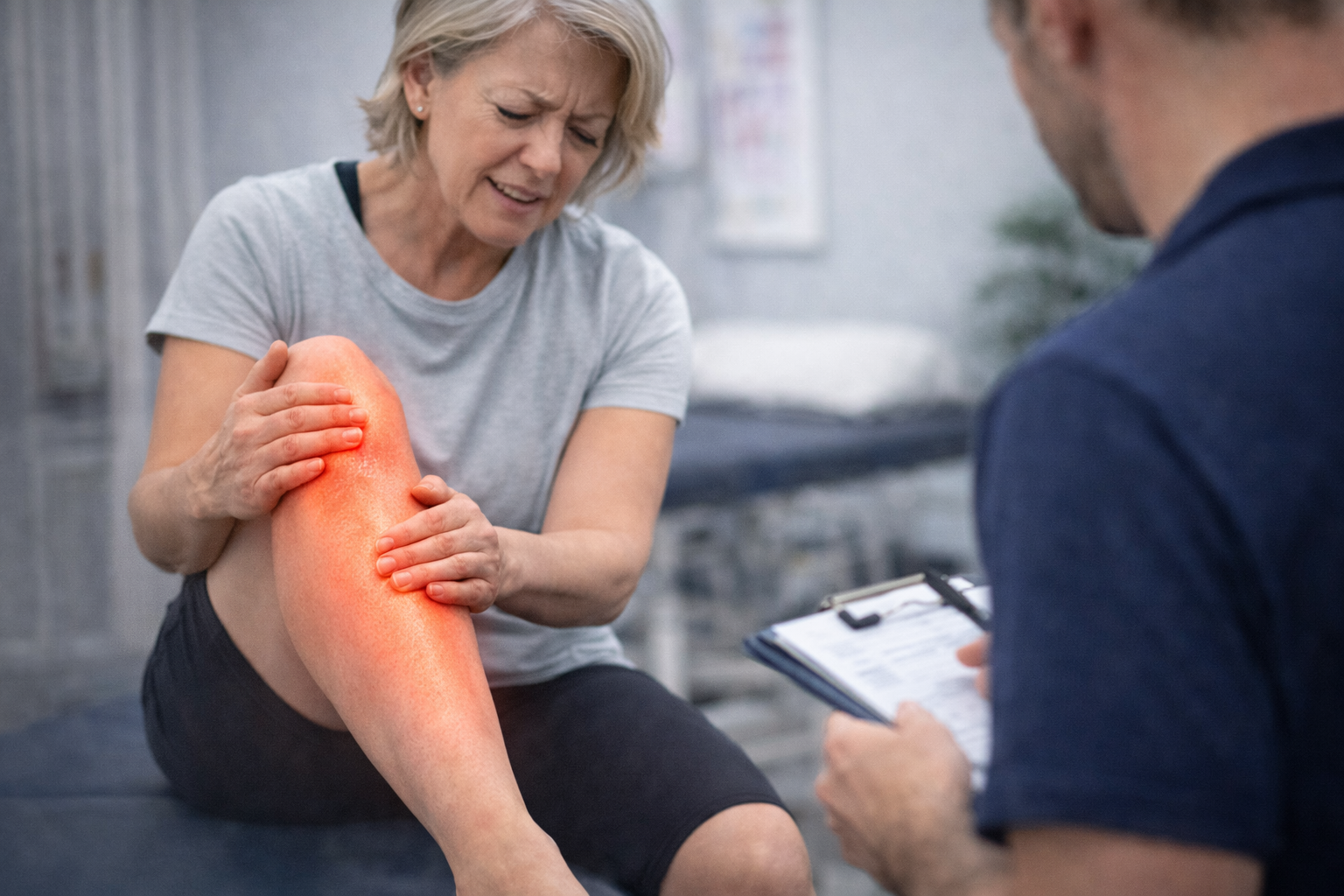 A woman sitting on a medical examination table is holding her injured or sore knee, which appears red and inflamed. A healthcare professional is sitting nearby, taking notes on a clipboard, possibly diagnosing or discussing the knee pain.
