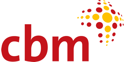 Logo with lowercase red letters 'cbm' and a spherical design of yellow and red dots.