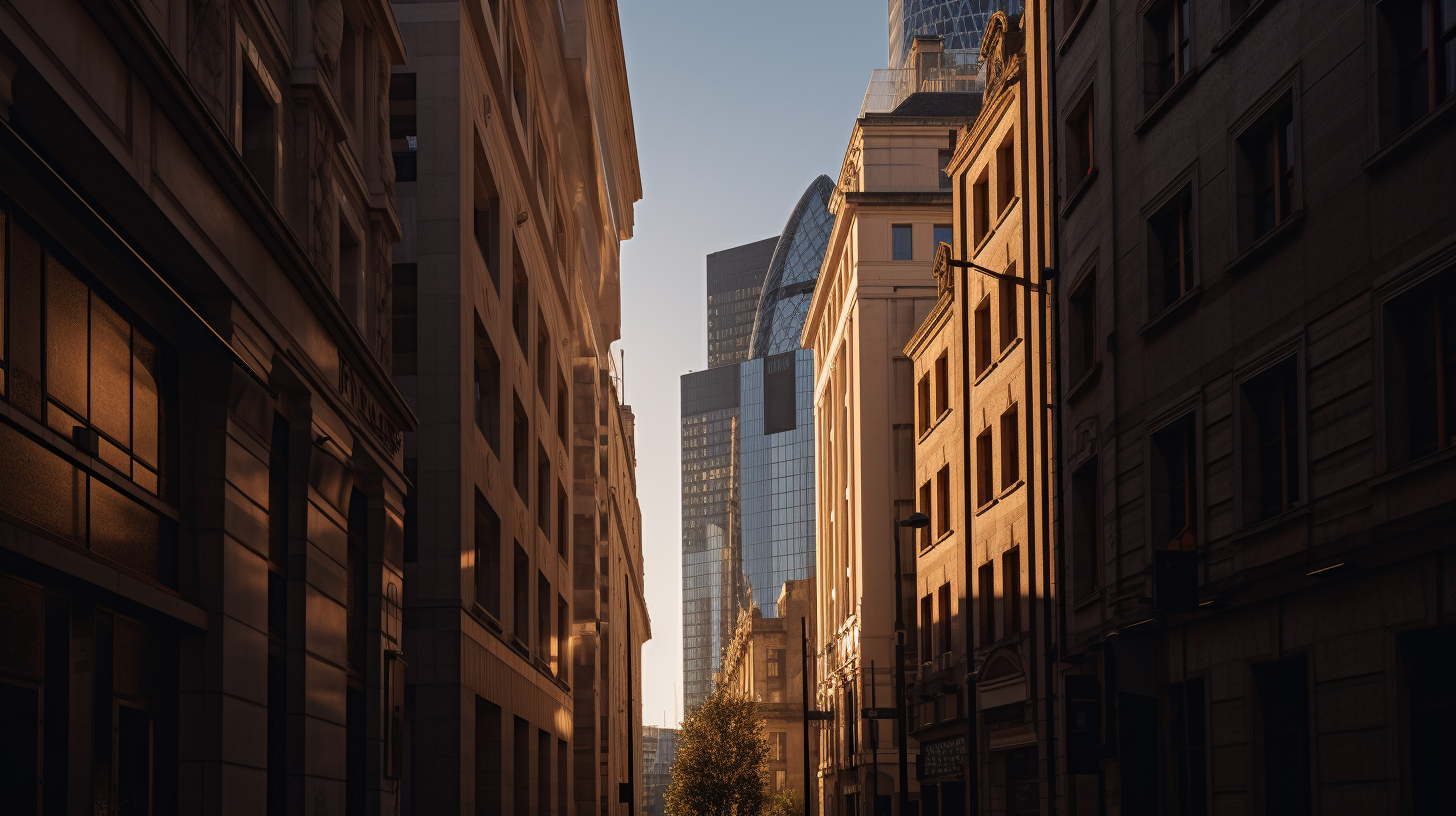 Narrow city street with tall buildings and modern skyscraper in background during sunset.