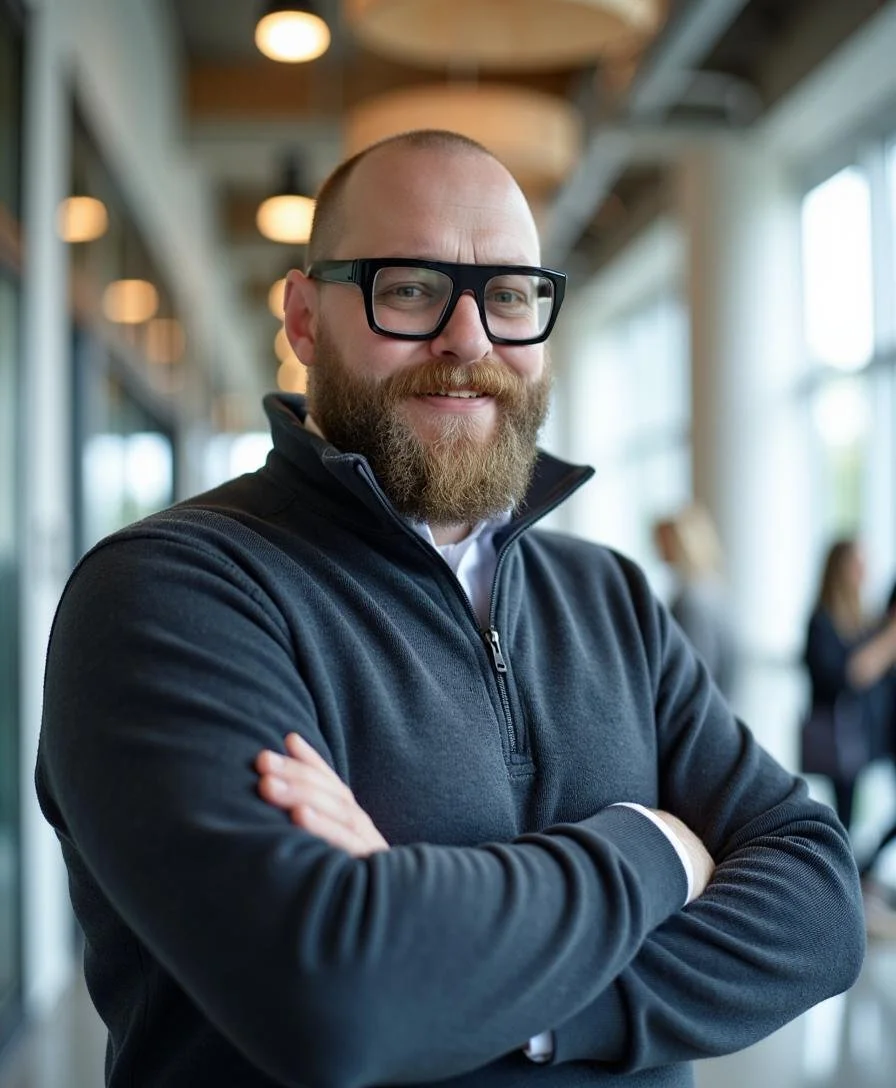 Man with a beard and glasses wearing a dark sweater, standing with arms crossed in a modern, well-lit corridor with people in the background.