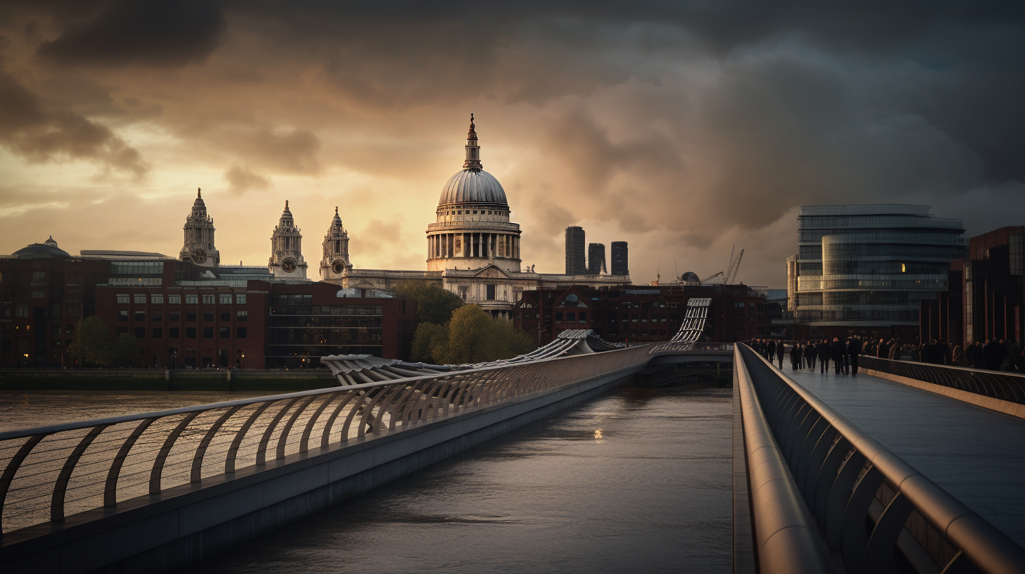 View of St. Paul's Cathedral and Millennium Bridge at sunset in London, with dramatic clouds in the sky and people walking on the bridge.