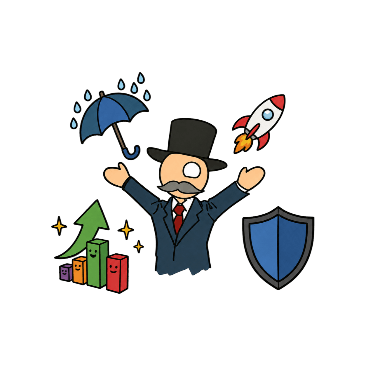 Reginald, our mentor, surrounded by a graph, umbrella, rocket and shield