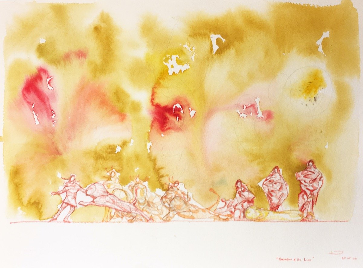 Samson and the Lion • watercolour & pencil • 31x41cm