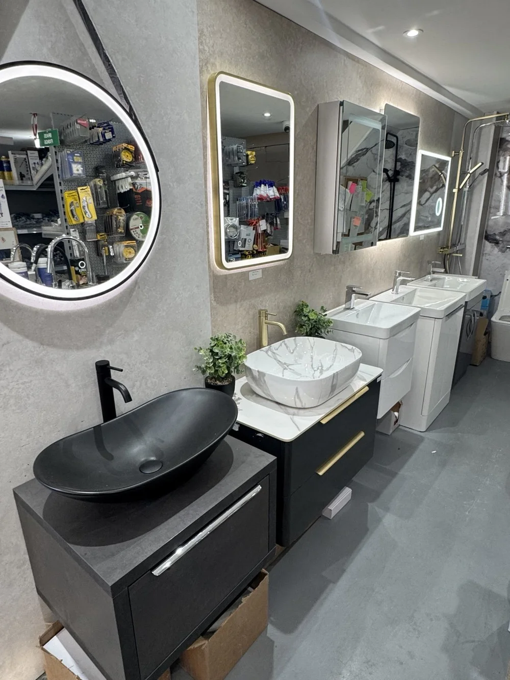 Showroom mirrors and bathroom basins