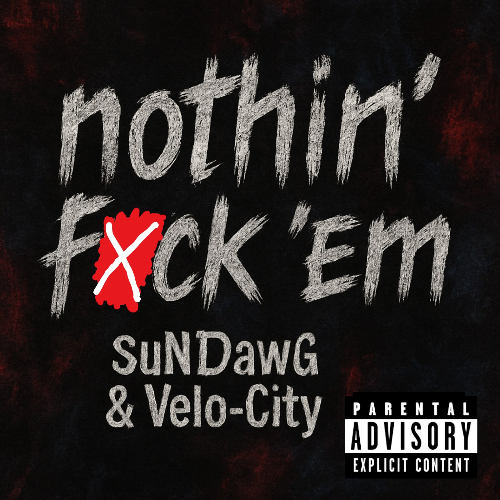 Black background with white, graffiti-style text reading 'nothing f**k em' and additional text 'SUNDawg & Velo-City'. A red and white crossed-out symbol mark is over part of the text, and a 'Parental Advisory Explicit Content' label is in the bottom 
