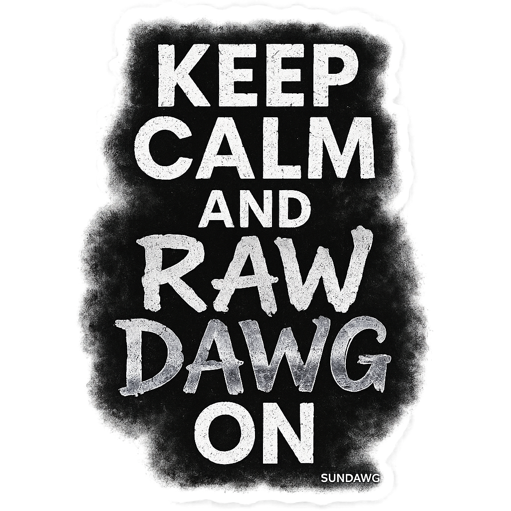 Black background with white spray-painted text that reads, "Keep Calm and Raw Dawg On," attributed to Sundawg.