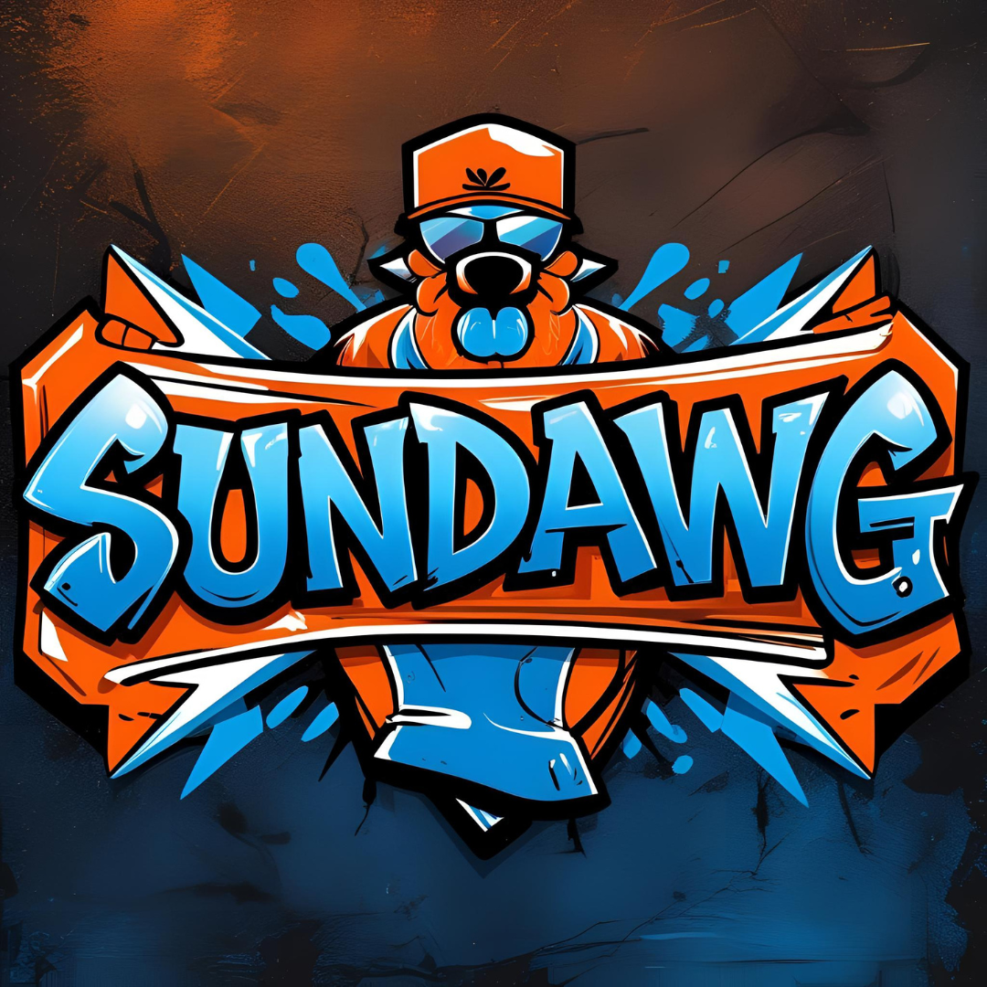 A cartoon-style illustration of a dog wearing sunglasses and a cap, holding a banner with the word 'SUNDAWG' in bold, blue letters. The background is dark with splashes of orange and blue.