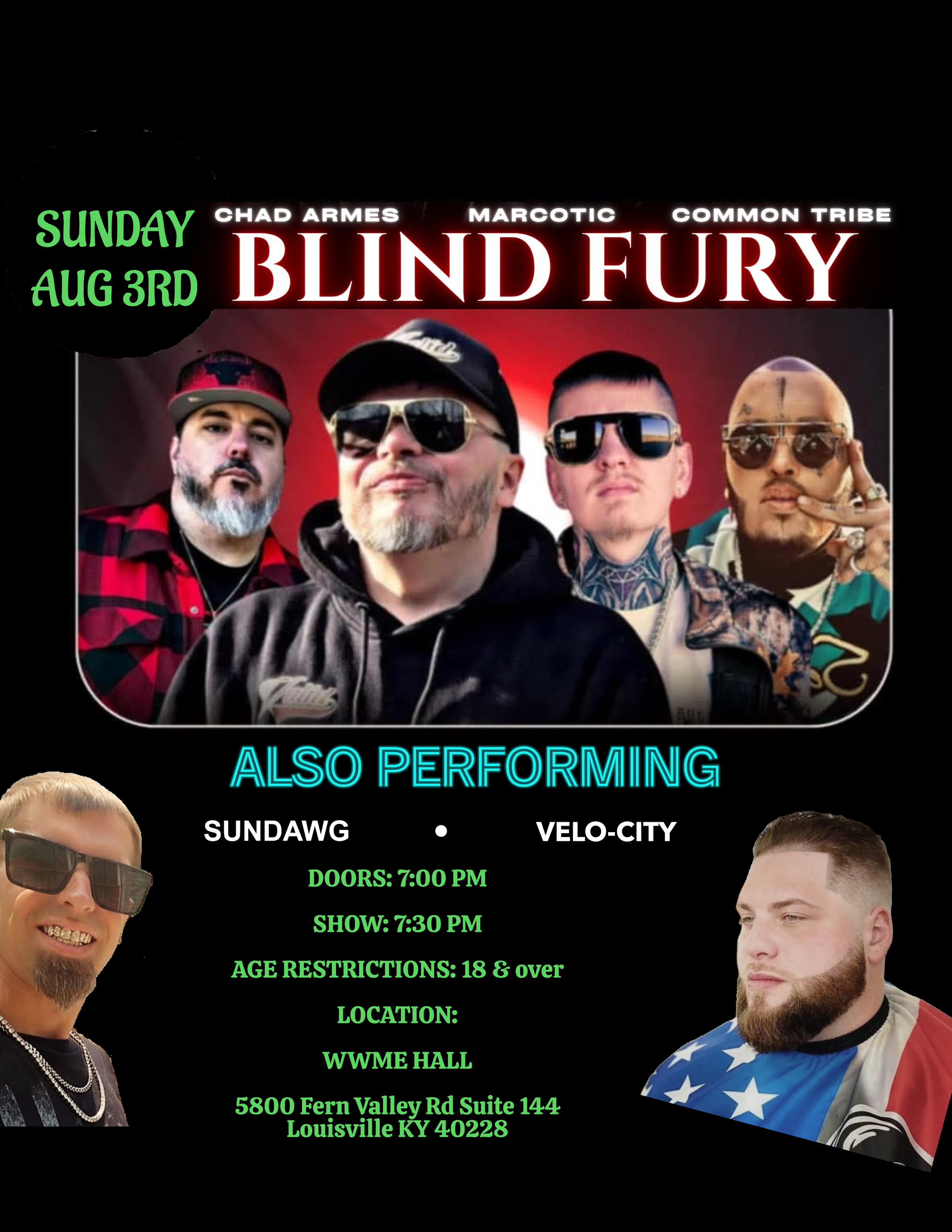 Concert flyer for the band Blind Fury performing on Sunday, August 3rd, at WWME Hall, Louisville, KY. Featuring images of four band members at the top, with additional performers Sundawg and Velo-City. Event details include doors opening at 7:00 PM, 