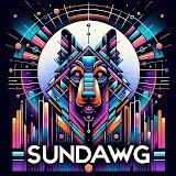 Colorful futuristic wolf with neon lights, geometric shapes, and the word 'SUNDawg' at the bottom.