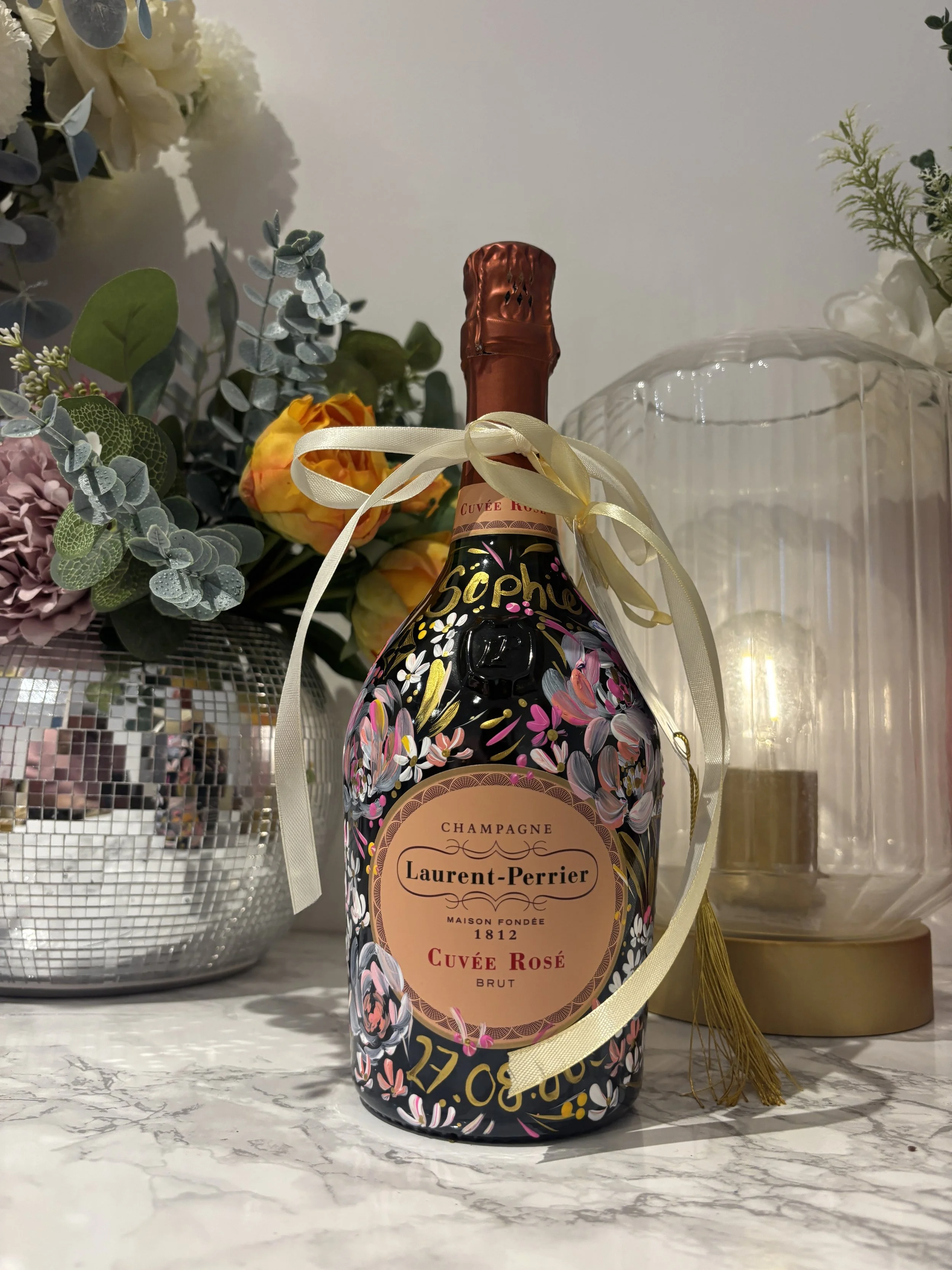 Hand-Painted Floral Champagne Bottle