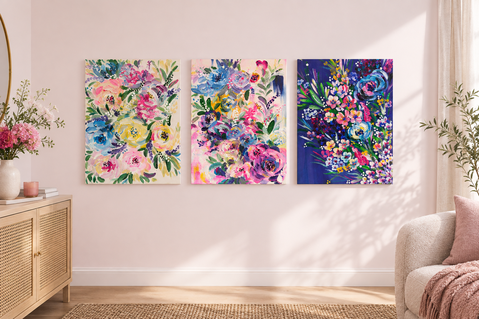 Bespoke Hand-Painted Floral Canvas Set of Three