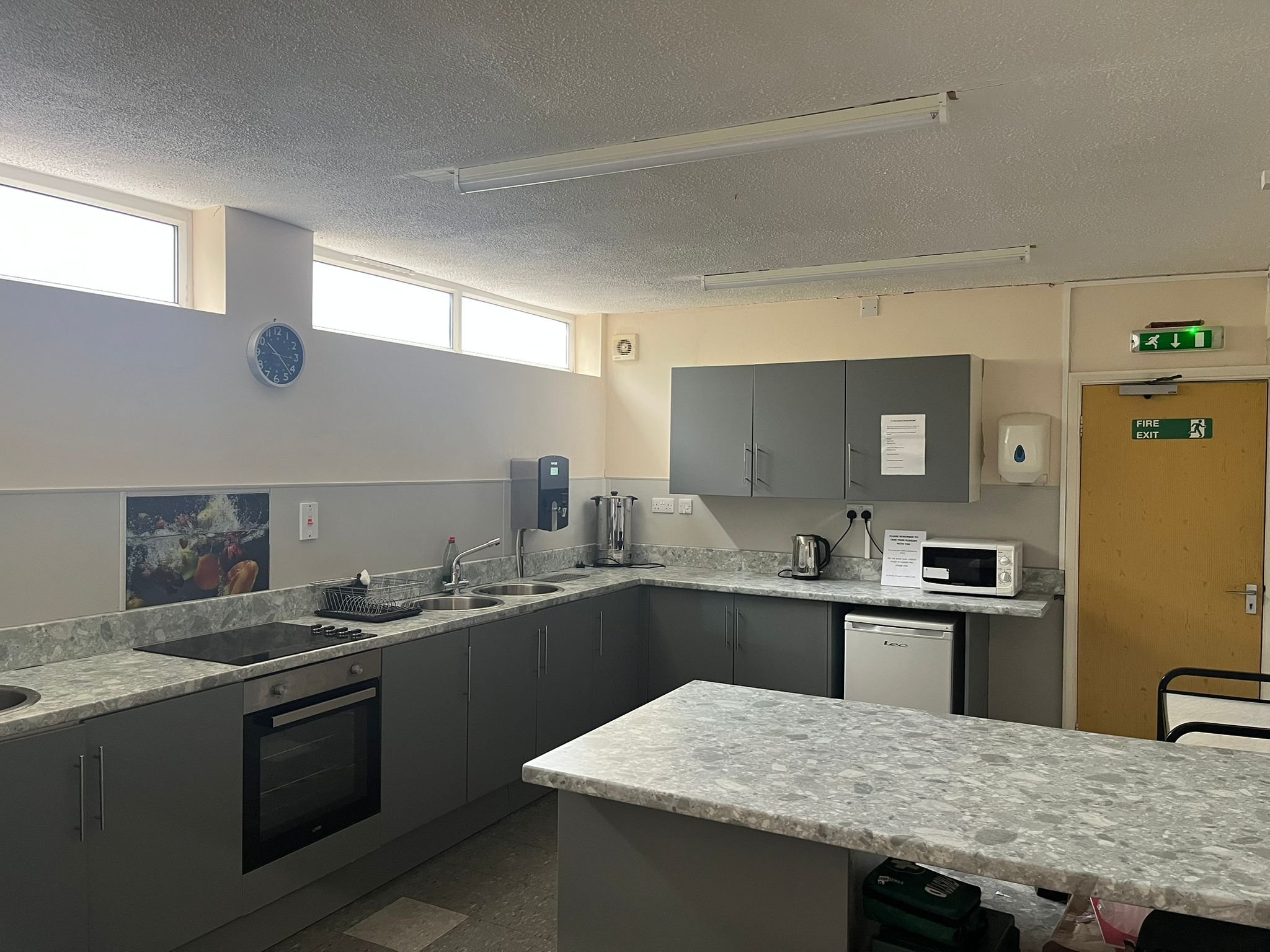 Kitchen facilities, includes:
- First Aid Kit
- Health and Safety equipment and manual
- Cutlery and catering equipment
- Oven + Grill
- Fridge
- Kettle and Microwave