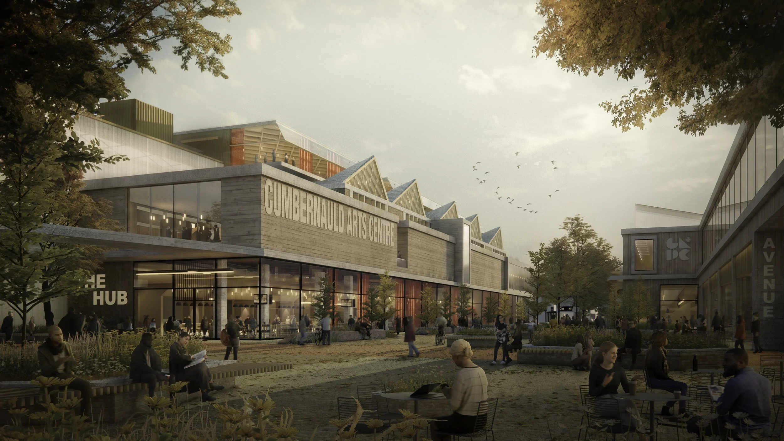 Render of Cumbernauld Arts Centre with people sitting and walking outside in a landscaped plaza, trees, and modern buildings during daytime.