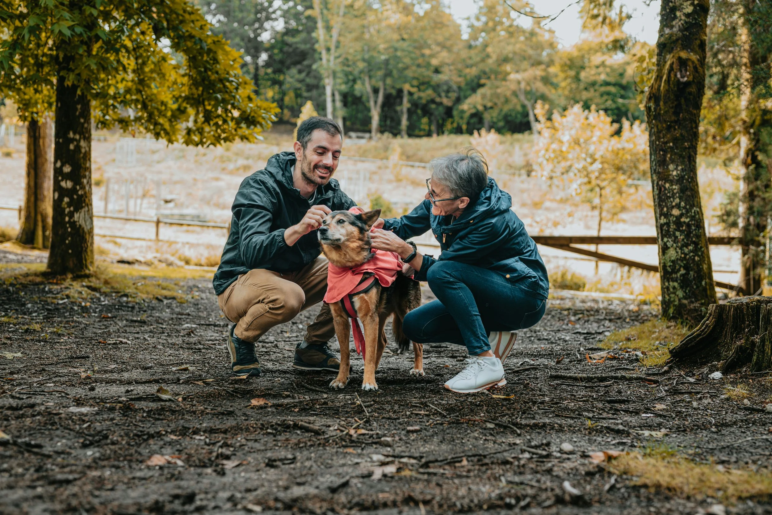 two people walking a dog