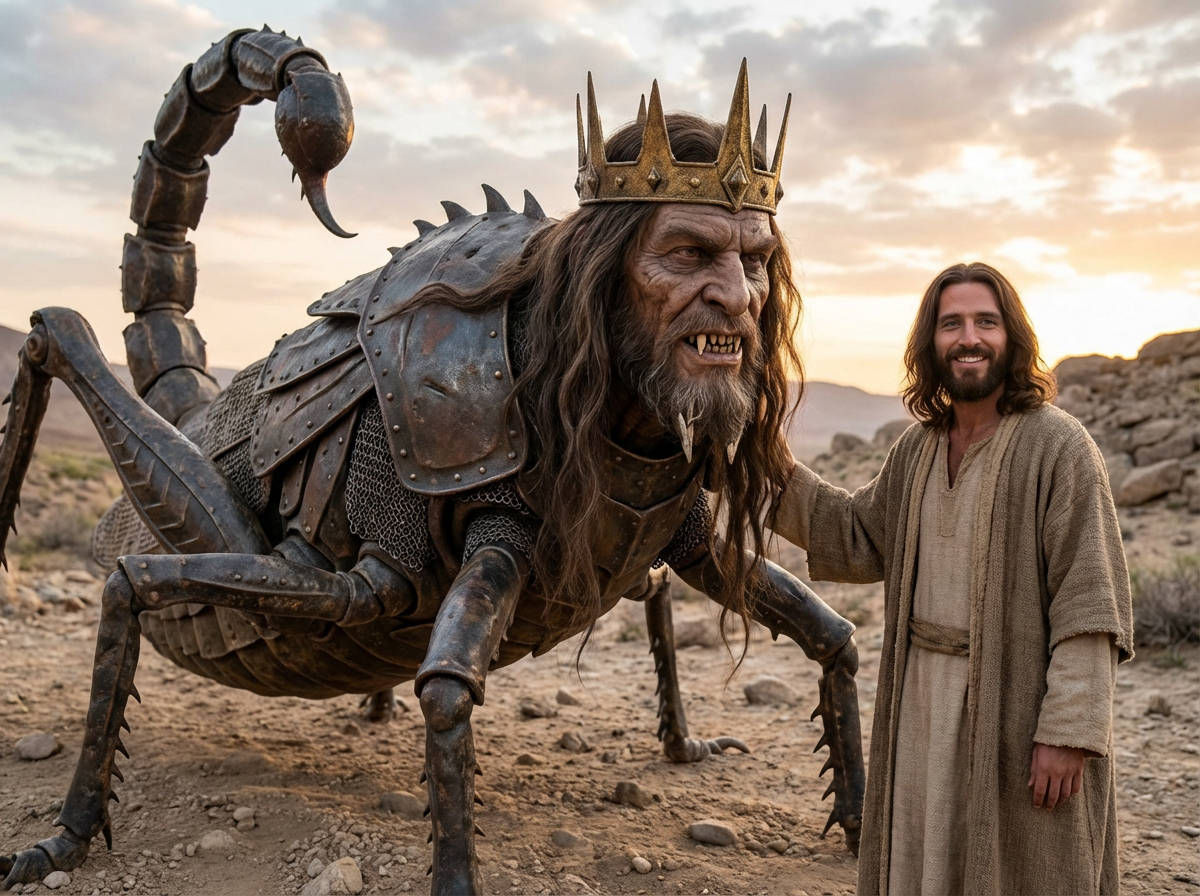 Jesus with Abaddon angel of God and torture locust of the New Testament Book of Revelation Chapter Nine