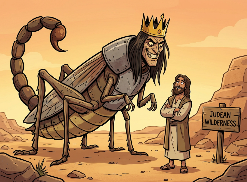 Jesus in the Judean Wilderness with the king of the torture locusts of the Book of Revelation Chapter 9