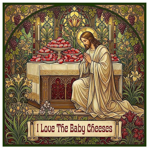 I love the baby cheeses Jesus kneeling before an altar of baby cheeses